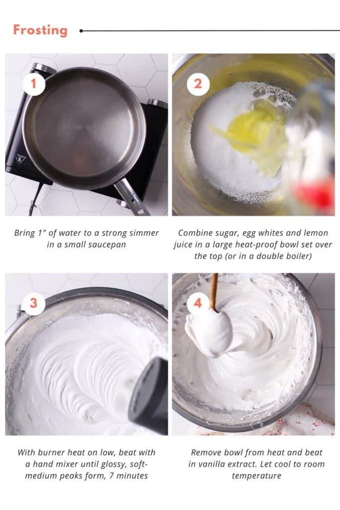 Step-by-step instructions to make a 7-minute whipped frosting for lemon curd cake.