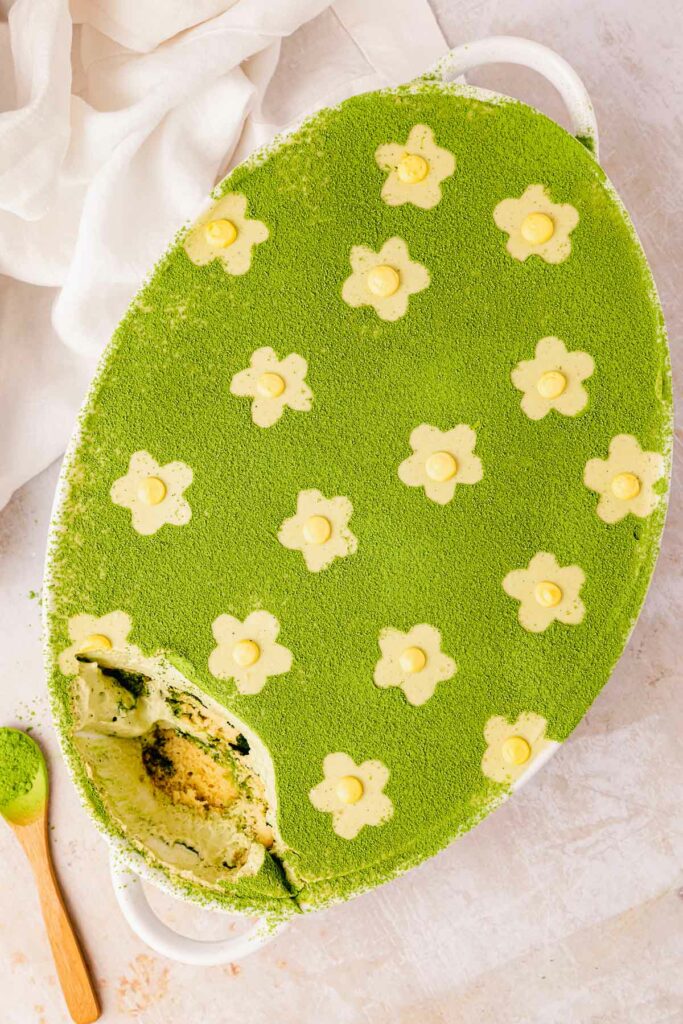 Matcha tiramisu dessert presented in a large bowl, with delicate flower designs on top. The dessert features layers of ultra-creamy matcha filling and ladyfingers soaked in matcha and dusted with matcha powder on top.