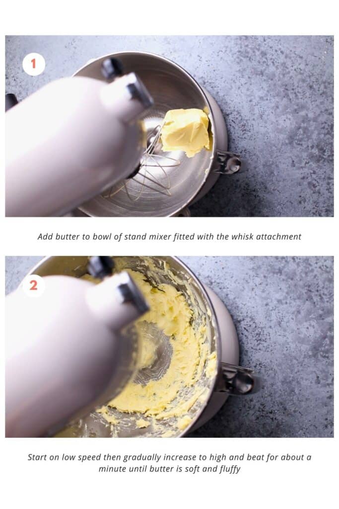 Butter is creamed in a stand mixer with whisk attachment until light and fluffy