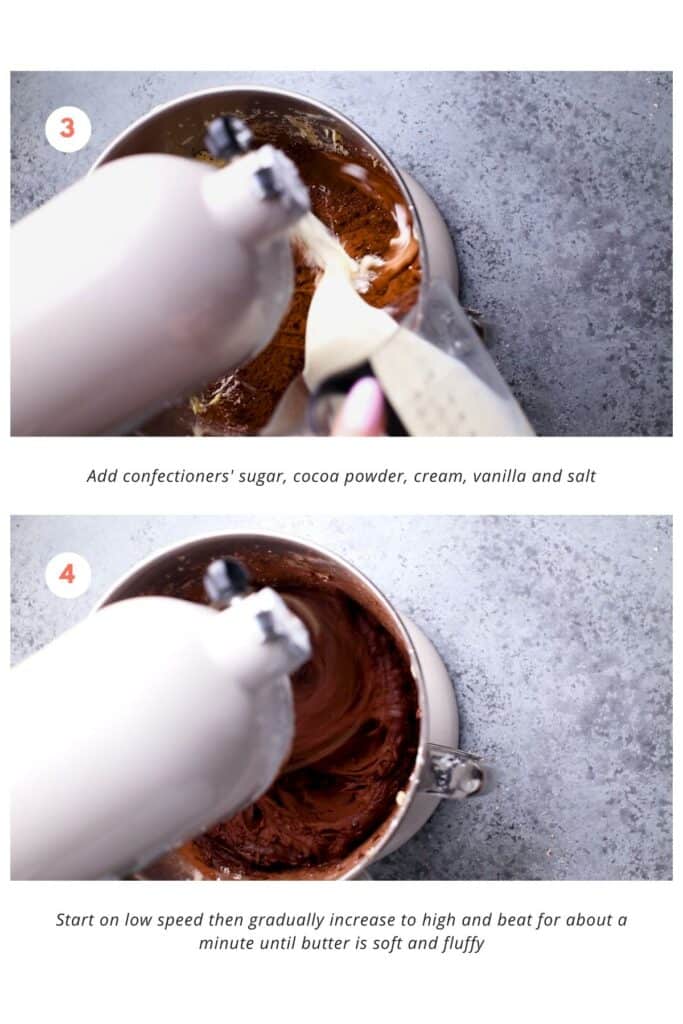 Instructions for adding sugar, cocoa powder, cream, vanilla and salt to a stand mixer on low speed, ensuring even moistening of the ingredients.