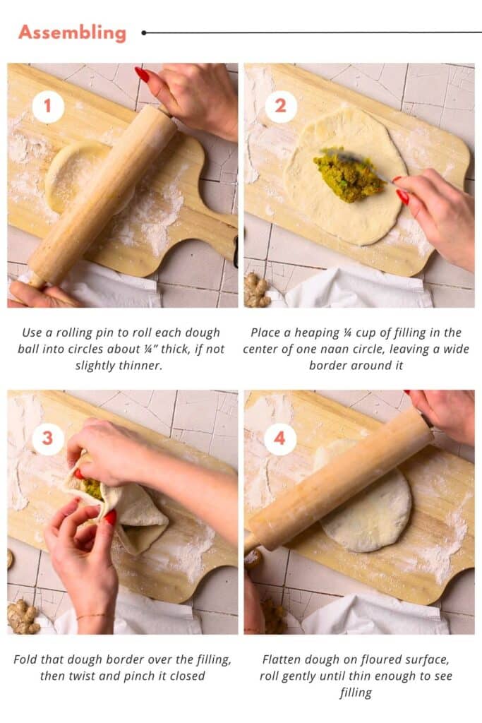 Dough balls are rolled into circles and filled with heaping ¼ cup filling, before folding, twisting and pinching closed. Flatten and gently roll until filling is visible through the dough.