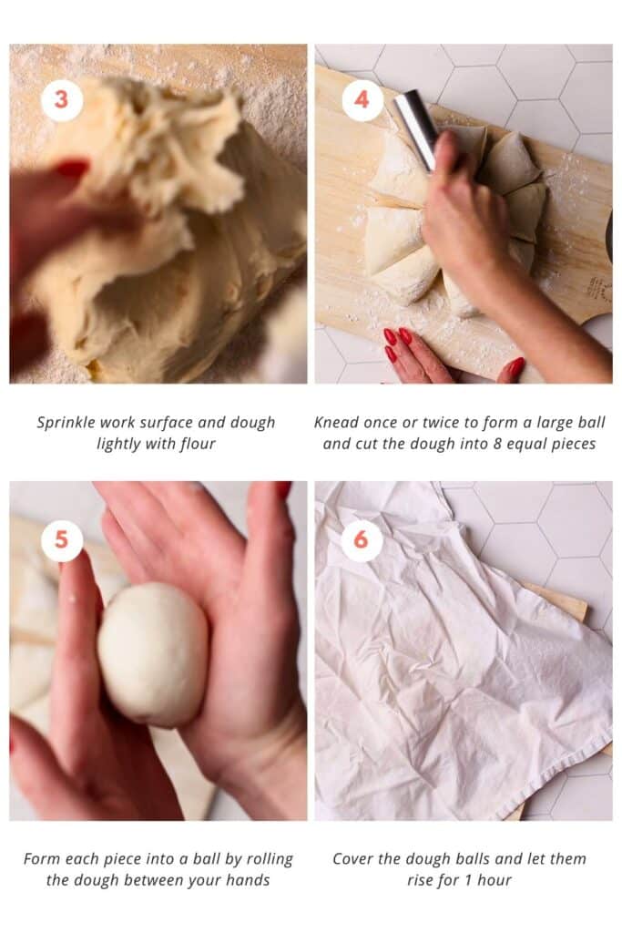 Dough is cut into 8 equal pieces, rolled into balls, and covered to rise for 1 hour on a floured work surface