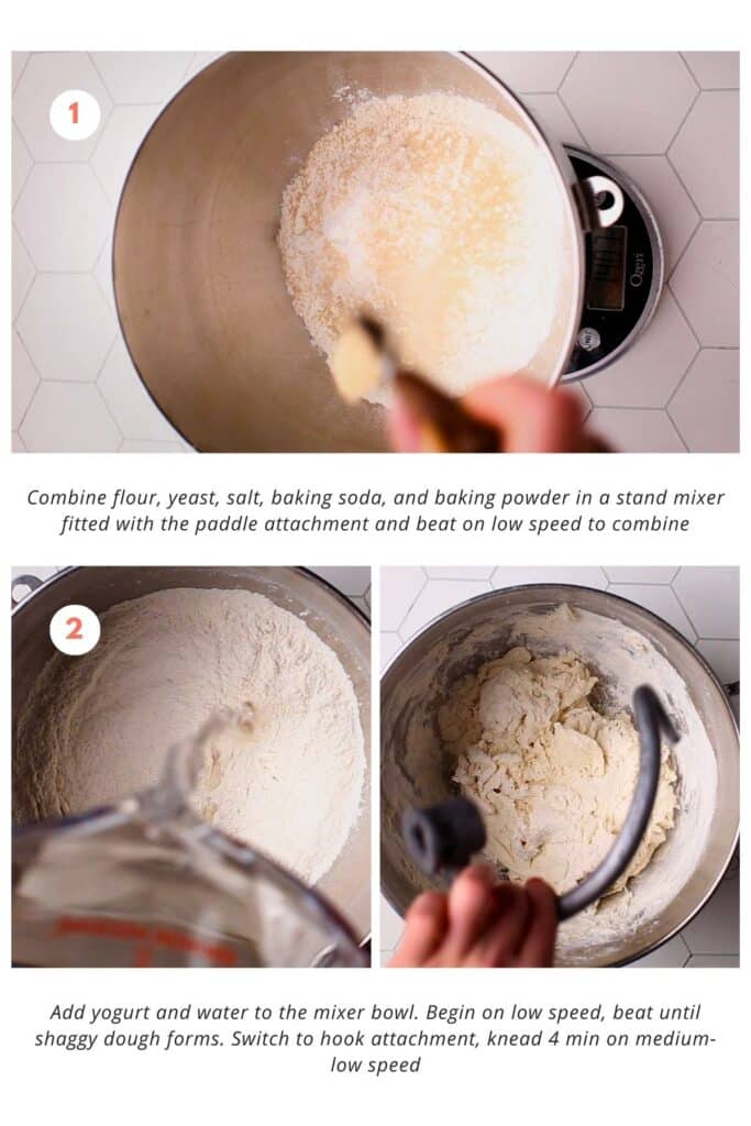 Mixture of flour, yeast, salt, baking soda, and baking powder is combined with yogurt and water using a stand mixer. Knead on medium-low speed for 4 minutes until a shaggy dough is formed.
