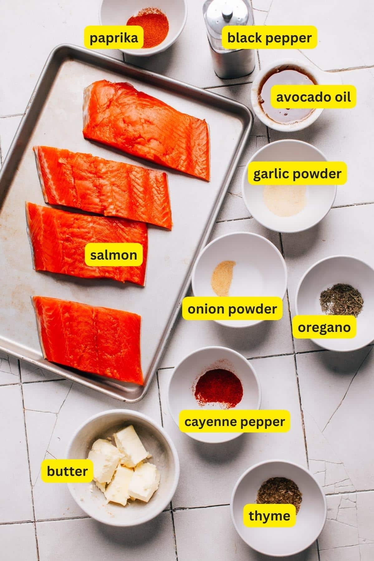 Ingredients for Cajun Honey Butter Salmon laid out on a kitchen countertop
