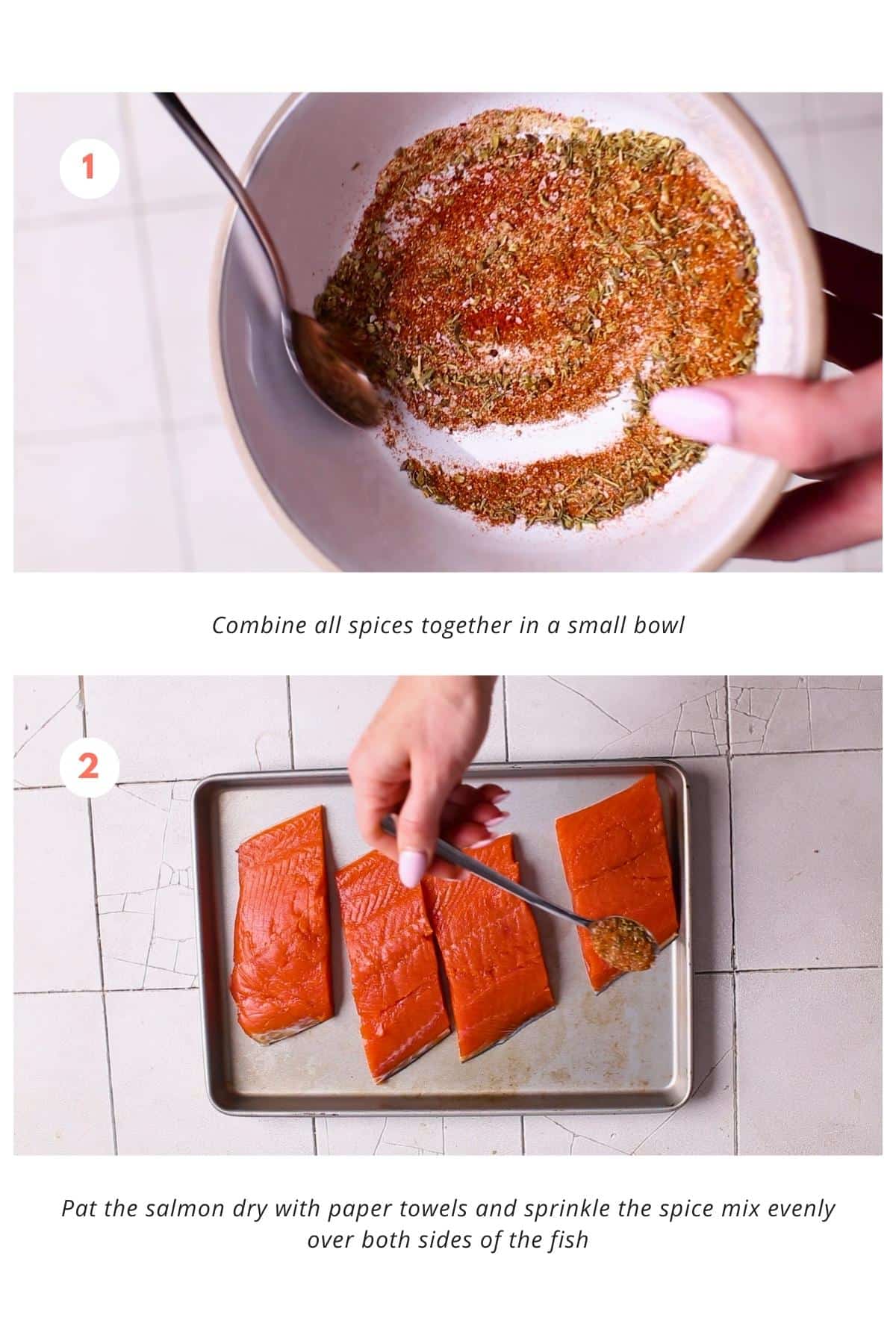 The spices are mixed together in a small bowl. Then, the salmon is patted dry with paper towels and the spice mix is sprinkled evenly over both sides of the fish.