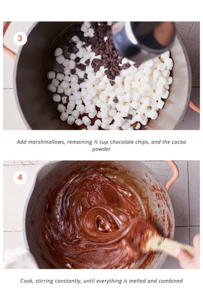 Marshmallows, cocoa powder and chocolate chips mixed together. The mixture is combined until the marshmallows and chocolate chips are melted.