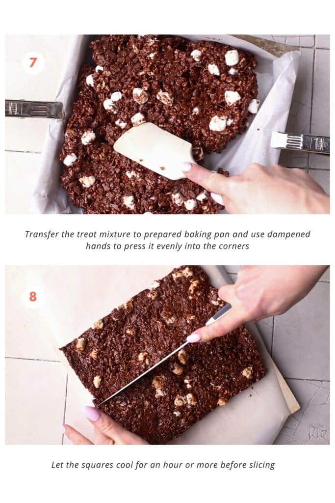 Mixture is pressed into a lined baking pan and left to cool. Then it is cut to squares.