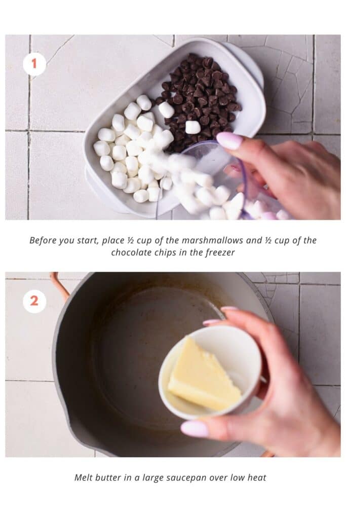 A bowl of mini marshmallows and chocolate chips is placed in the freezer. And butter is melted in a large saucepan on low heat.