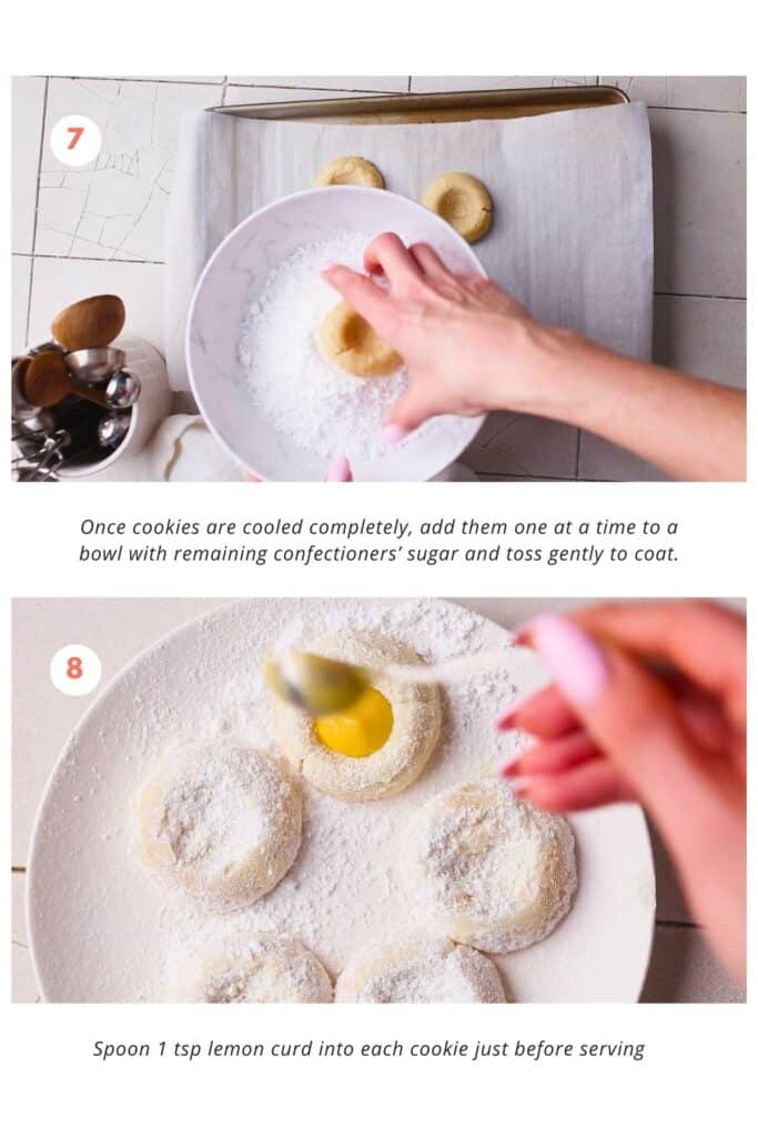 Several cookies are arranged on a plate. A bowl of confectioners' sugar and a spoonful of lemon curd are also shown in the image. One cookie is being coated with the sugar mixture while others are waiting to be coated. Another cookie has a dollop of lemon curd on top.
