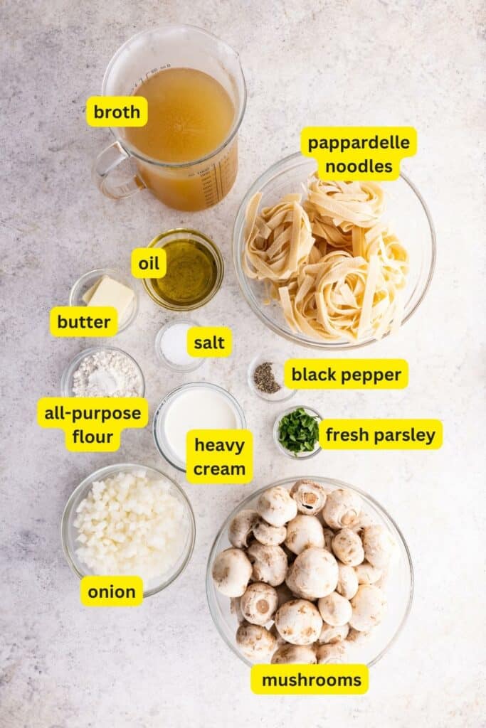 Ingredients for Mushroom Pappardelle Pasta laid out on a kitchen countertop, including Pappardelle noodles, oil, onion, coarse salt, brown mushrooms, butter, all-purpose flour, broth, heavy cream, black pepper, fresh parsley.