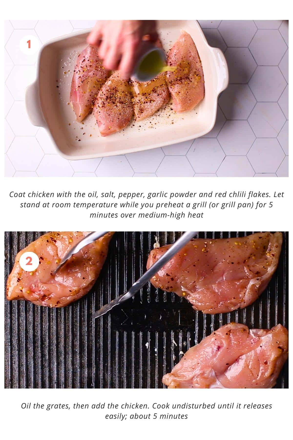Raw chicken breasts seasoned with oil, salt, pepper, garlic powder, and red chili flakes placed on a plate. A grill pan is heated over medium-high heat, and the chicken is added and cooked undisturbed until it releases easily; about 5 minutes. 
