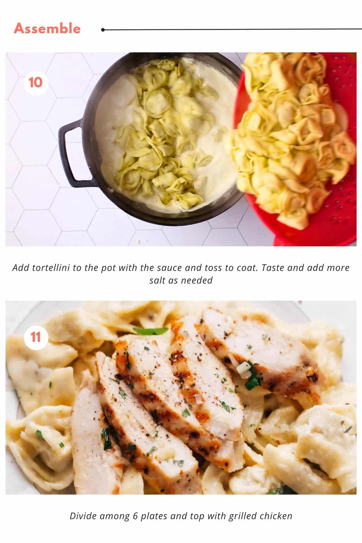 Tortellini is added to the pot with the sauce and tossed to coat. Finally, Asiago tortellini Alfredo with grilled chicken served on a white plate on a wooden table. The dish is garnished with minced chives and parsley.