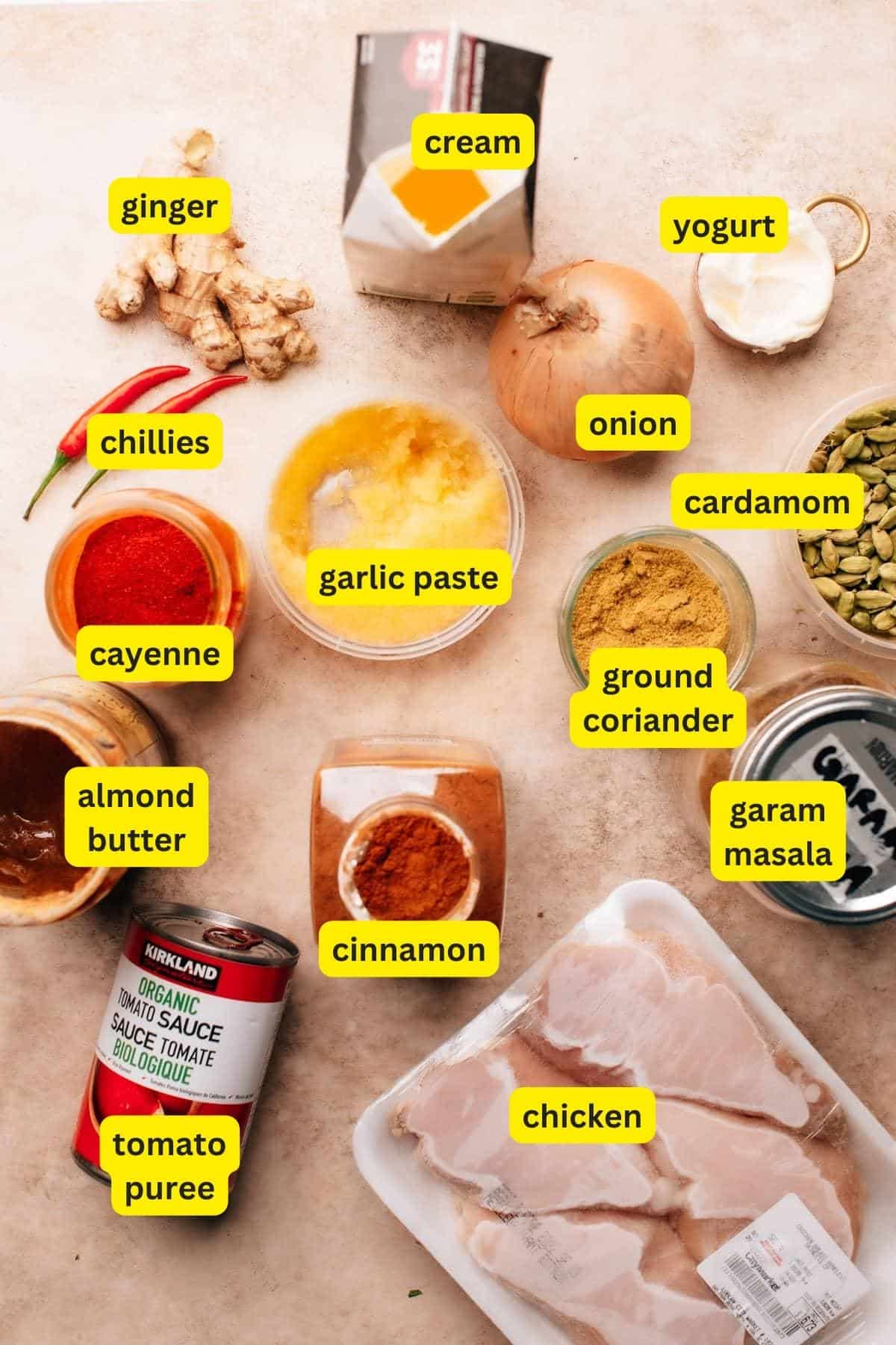 Ingredients for Chicken korma are laid out on a kitchen counter top
