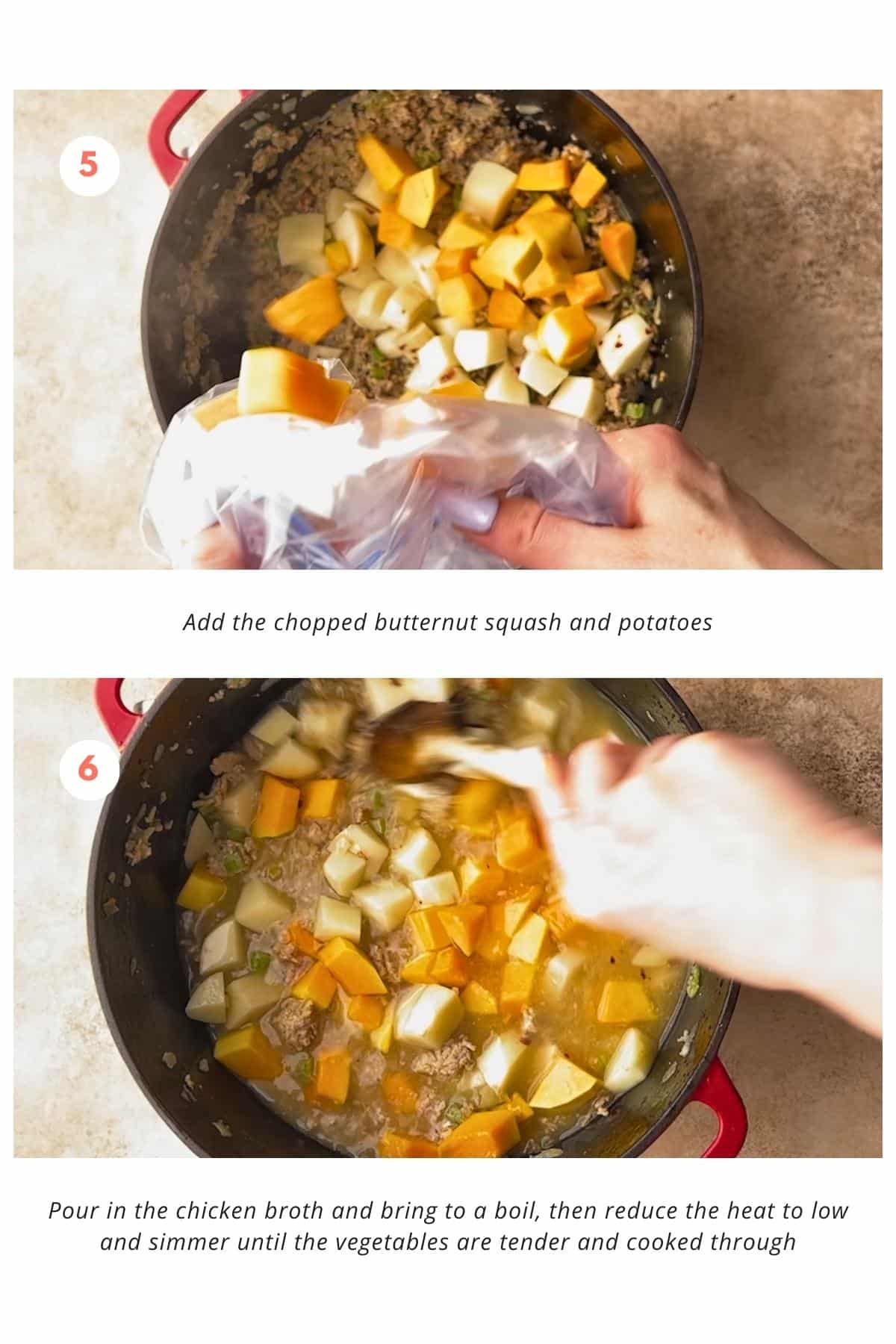 Chopped butternut squash and potatoes added to a pot with ground turkey and chicken broth. The pot is placed on a stove and is being cooked on low heat.
