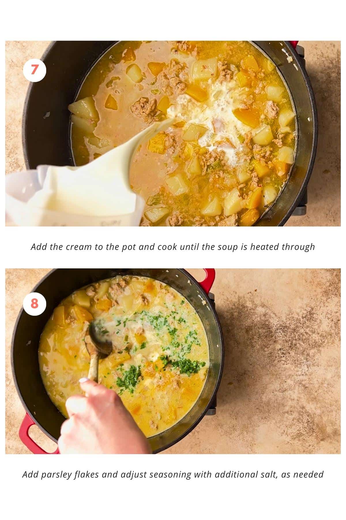 The cream is added to the pot of soup and cooked until heated through. Parsley flakes are added for additional flavor, and seasoning is adjusted with salt as needed.