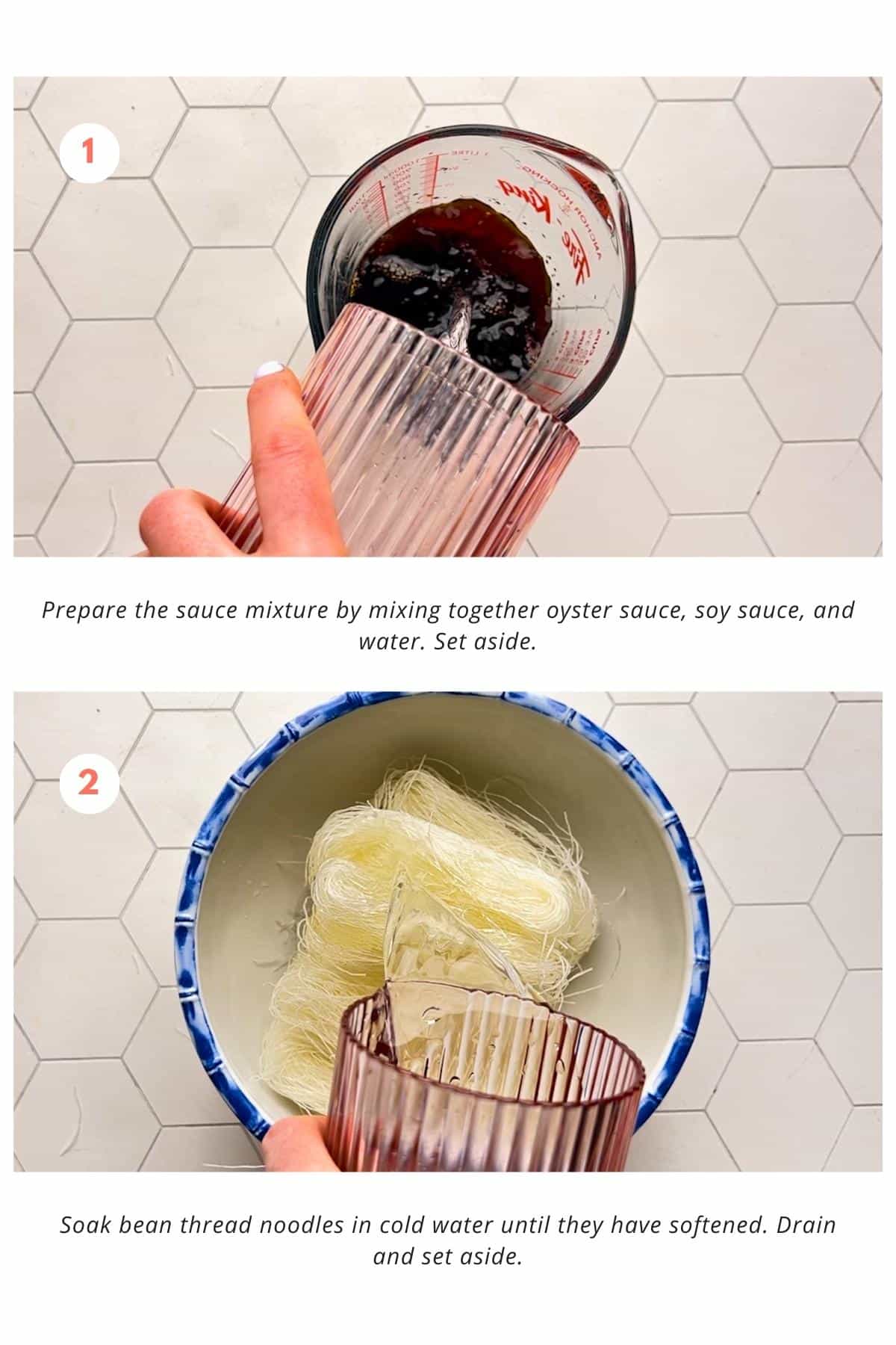Sauce mixture is prepared by combining oyster sauce, soy sauce, and water. Bean thread noodles are soaked in cold water until softened, then drained.