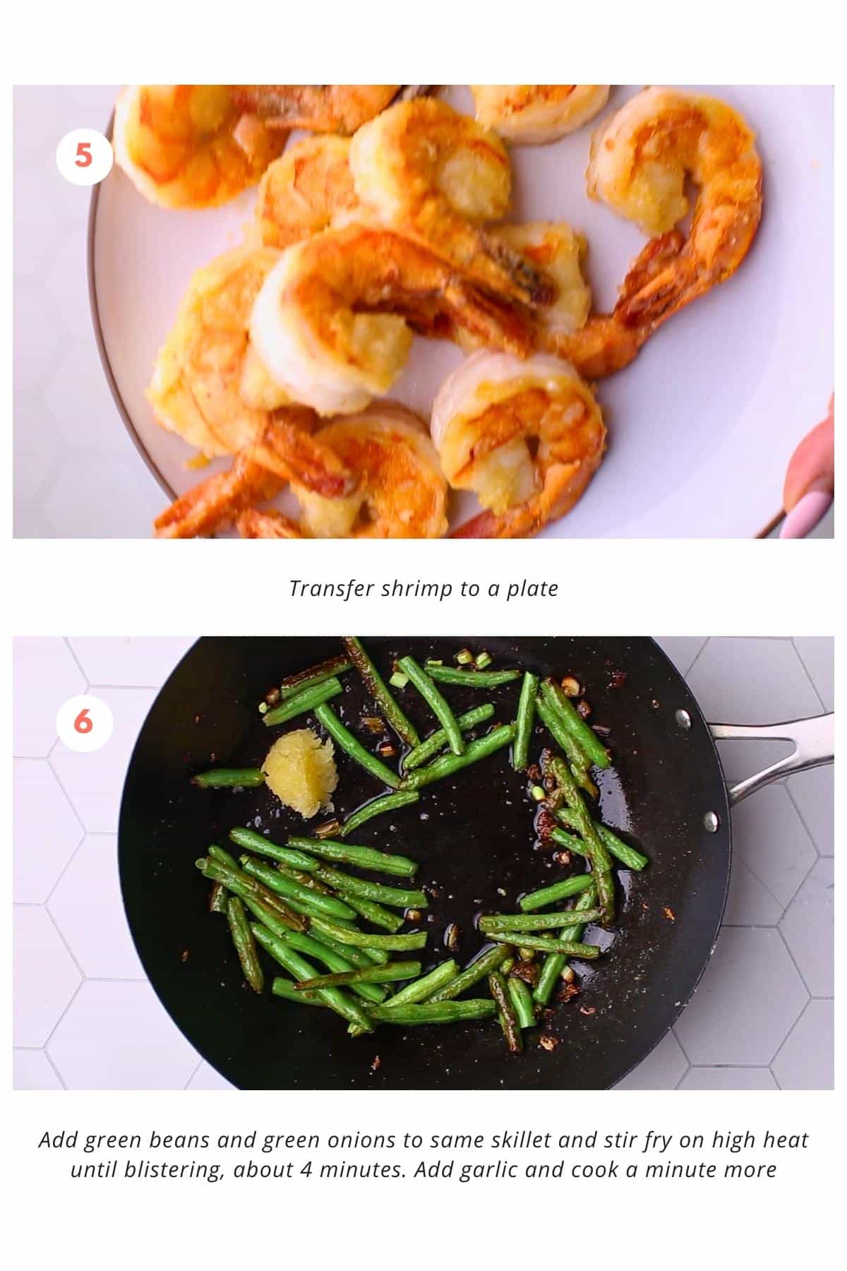 Shrimp transferred to a plate. Green beans and green onions added to the same skillet and stir-fried on high heat until blistering, approximately 4 minutes. Garlic added and cooked for an additional minute.
