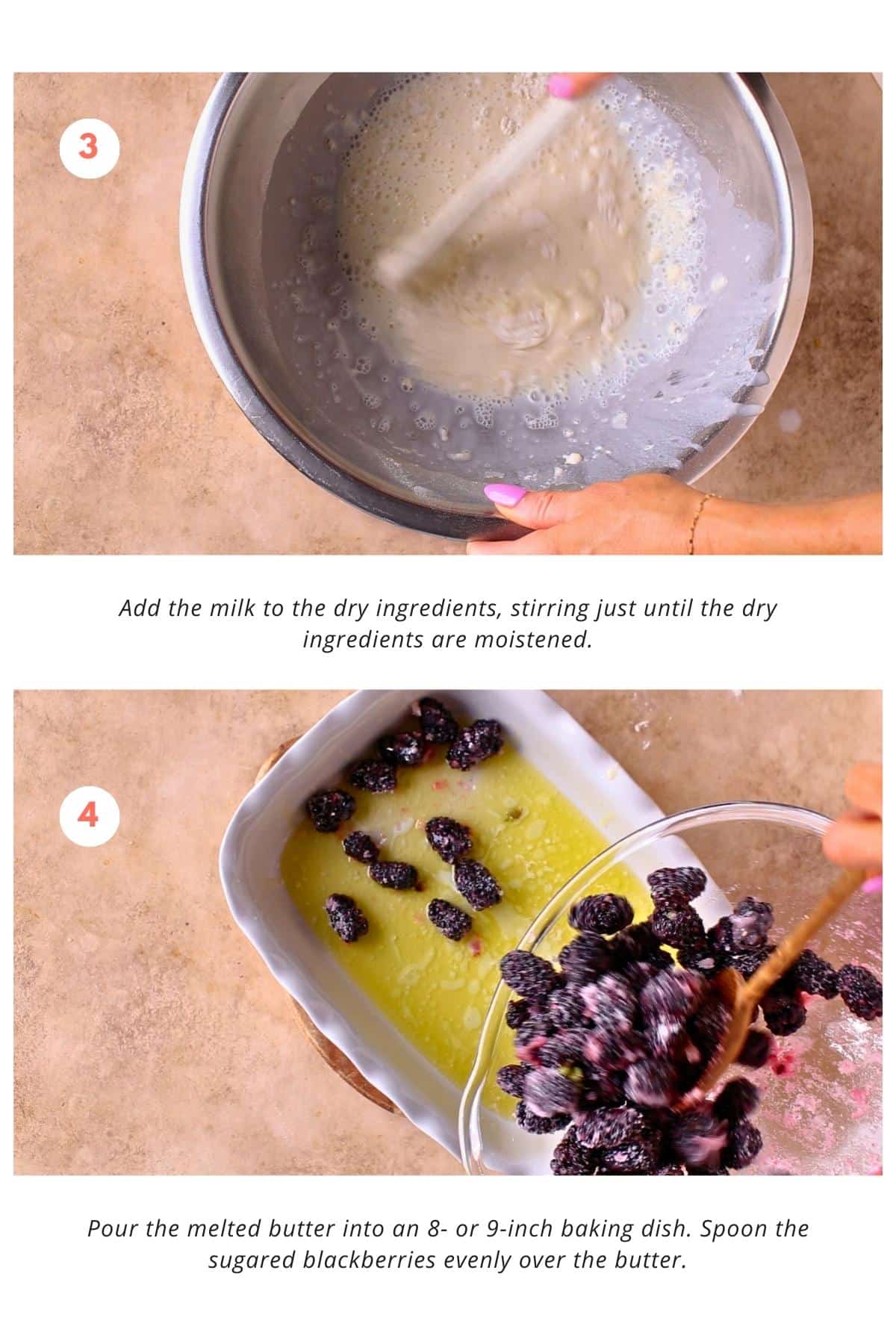 The dry ingredients are combined with milk, stirring until just moistened. Lumps are acceptable. Melted butter is poured into an 8- or 9-inch baking dish, and sugared blackberries are evenly spooned over the butter.