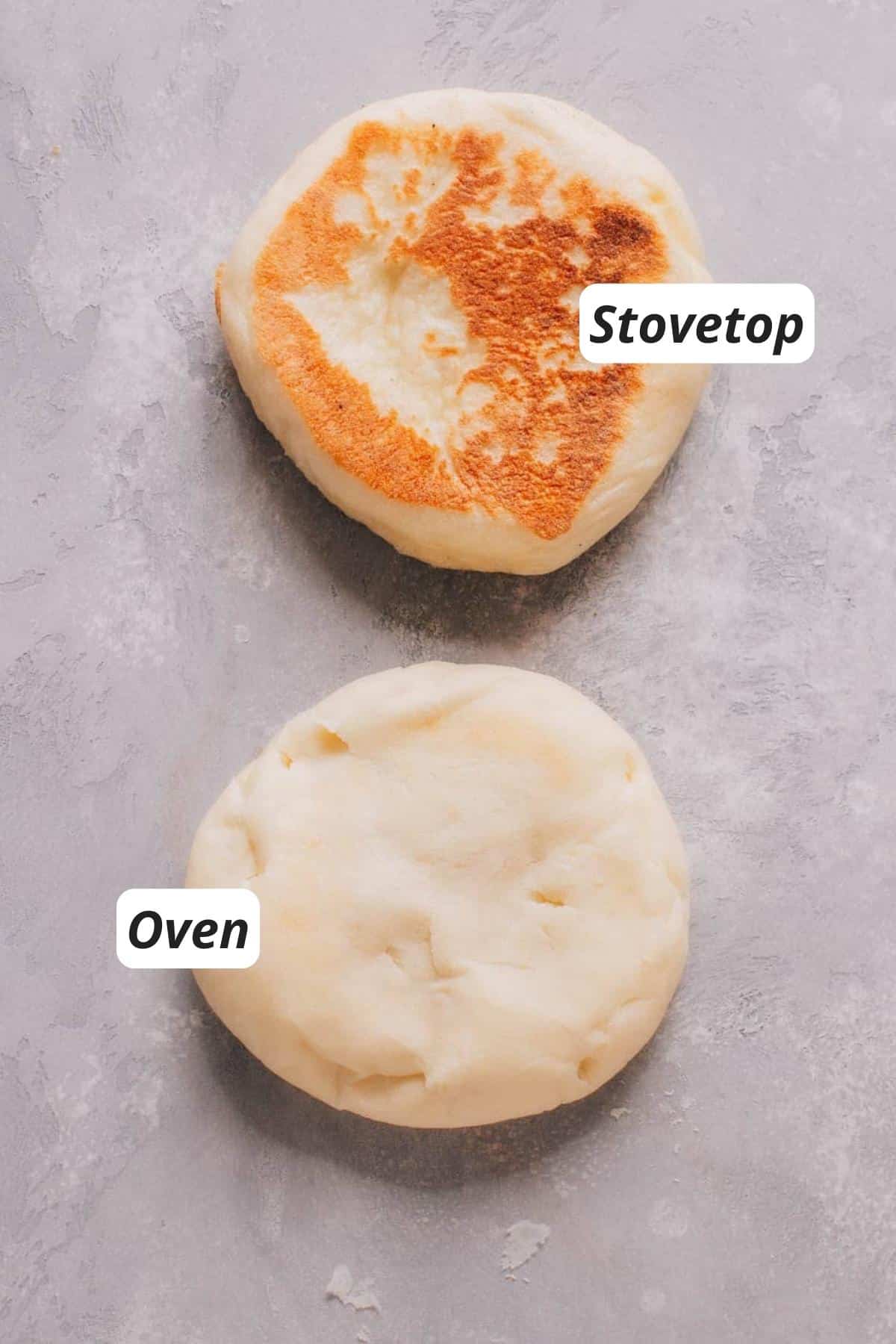 Two Turkish breads are displayed side by side, one cooked on a stovetop with a slightly charred surface, and the other pale one was baked in a steam oven.