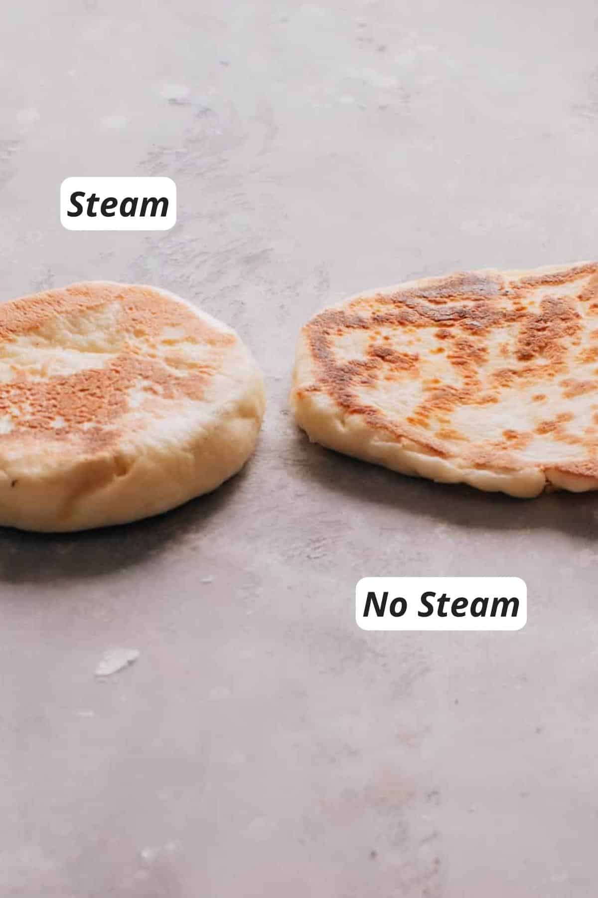 Two pieces of Turkish bread are shown, one baked in an oven with steam resulting in a fluffy texture, and the other baked without steam, giving it a thinner appearance.