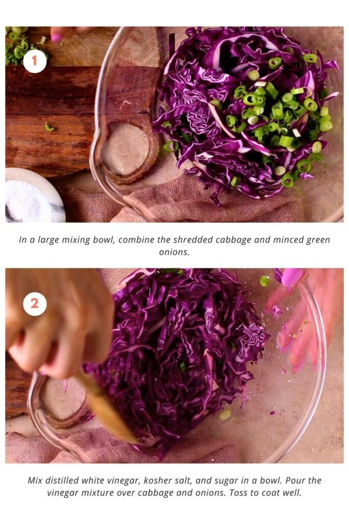 The shredded cabbage and minced green onions are combined in a large mixing bowl. A mixture of distilled white vinegar, kosher salt, and sugar is prepared and poured over the cabbage and onions. Everything is tossed together to coat well and create a flavorful cabbage slaw for fish tacos.