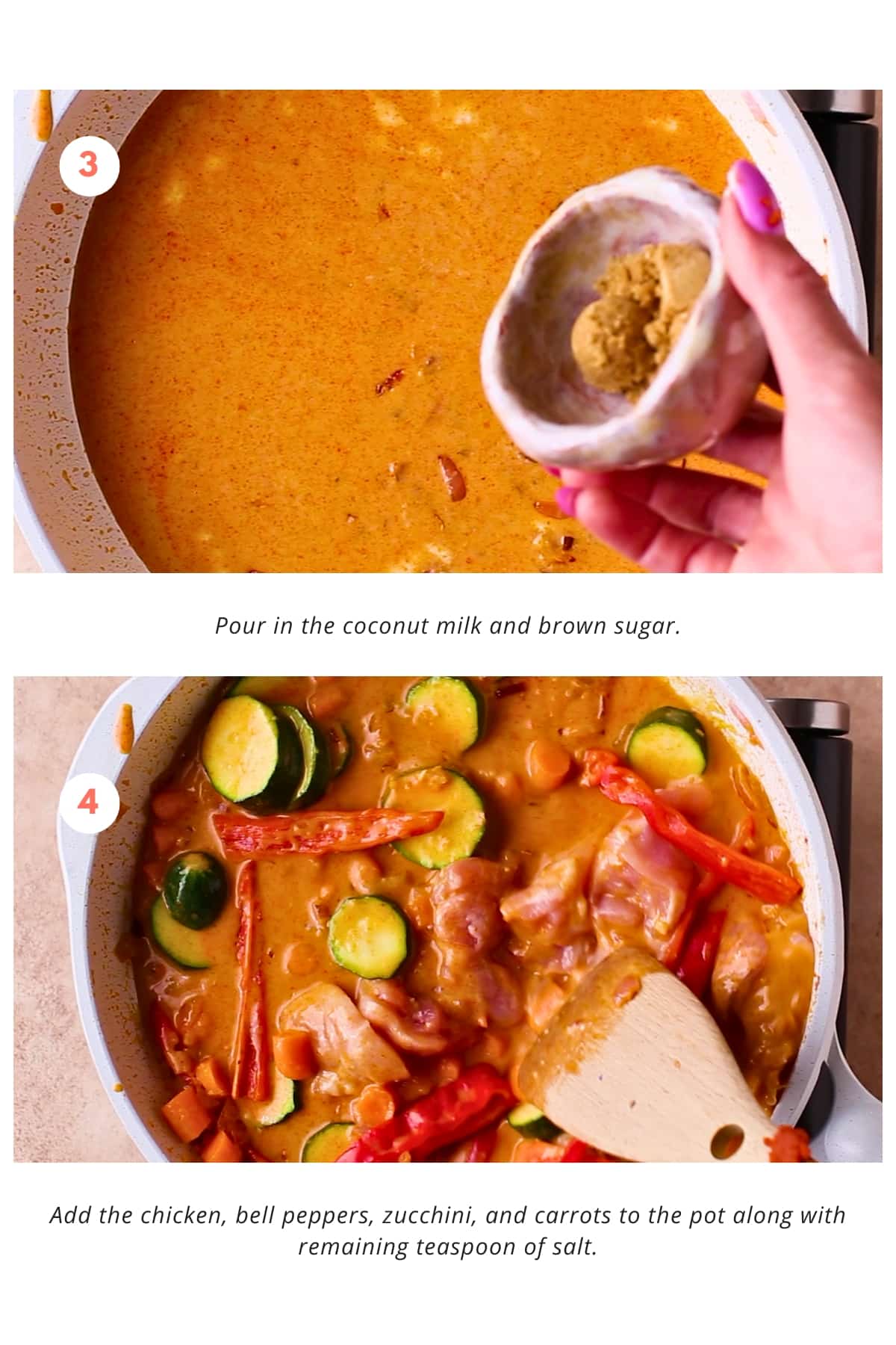 The coconut milk and brown sugar are poured in. Then the chicken, bell peppers, zucchini, and carrots are added to the pot along with the remaining teaspoon of salt.