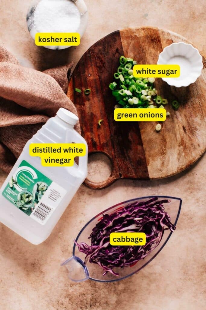 The ingredients for cabbage slaw for fish tacos are laid out on a countertop. They include white sugar, distilled white vinegar, green onions, cabbage, and kosher salt.