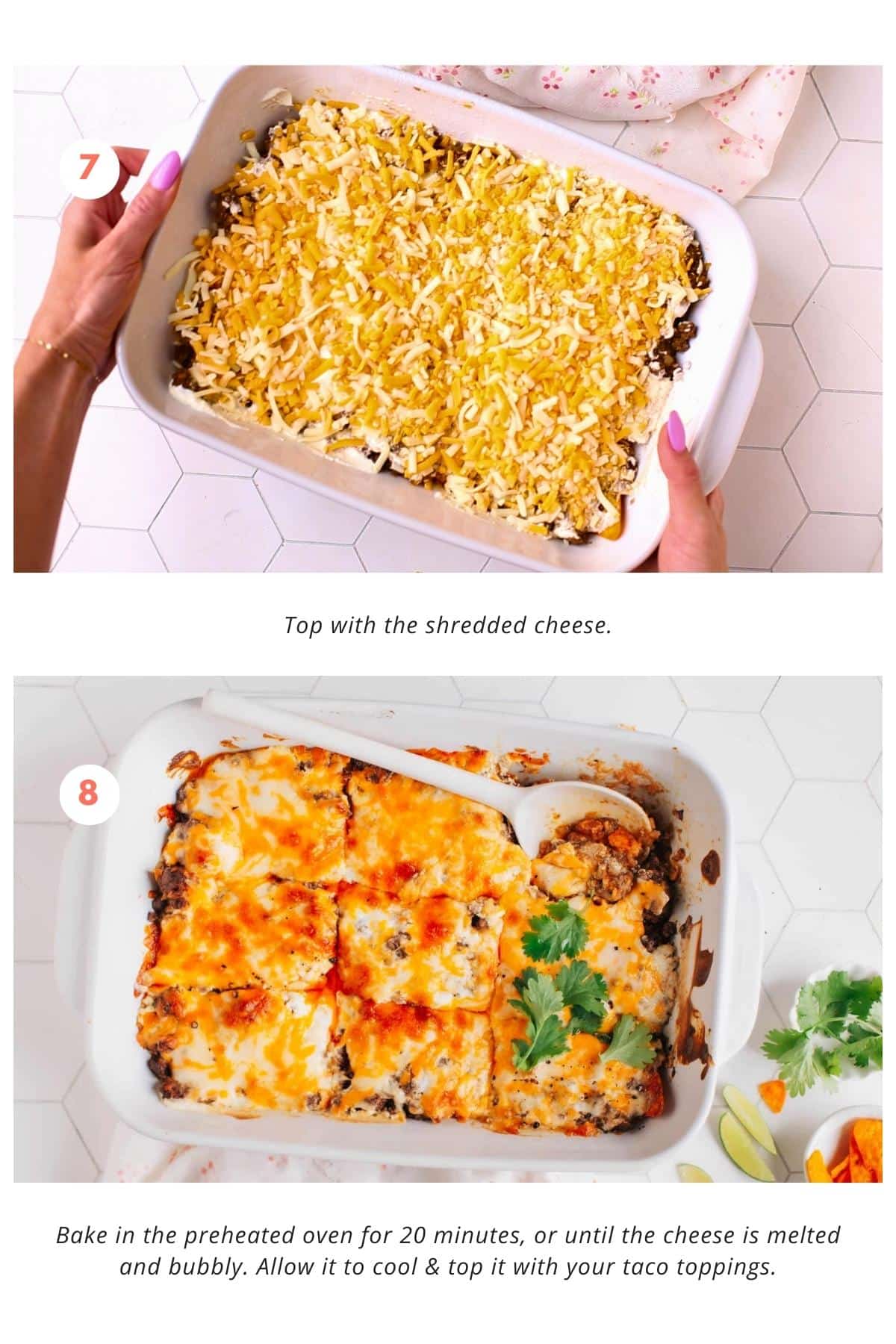 The dish is topped with shredded cheese. Finally, the casserole is baked in the preheated oven for 20 minutes, or until the cheese is melted and becomes bubbly.