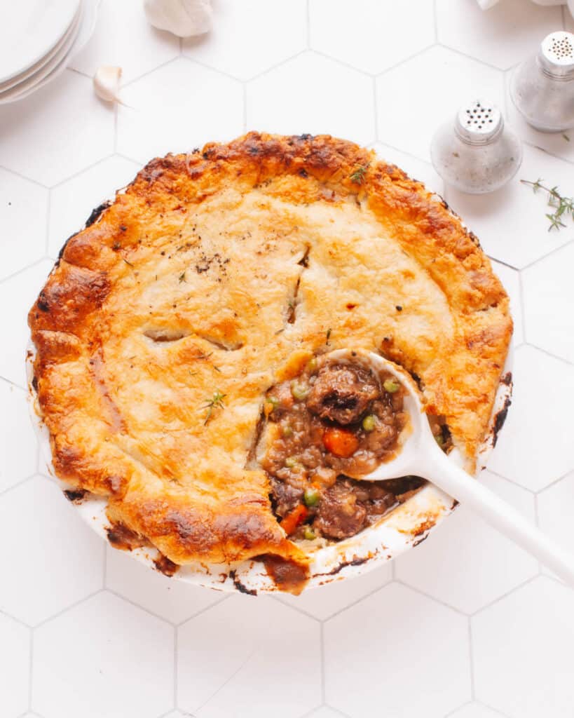 Beef pot pie with a spoon