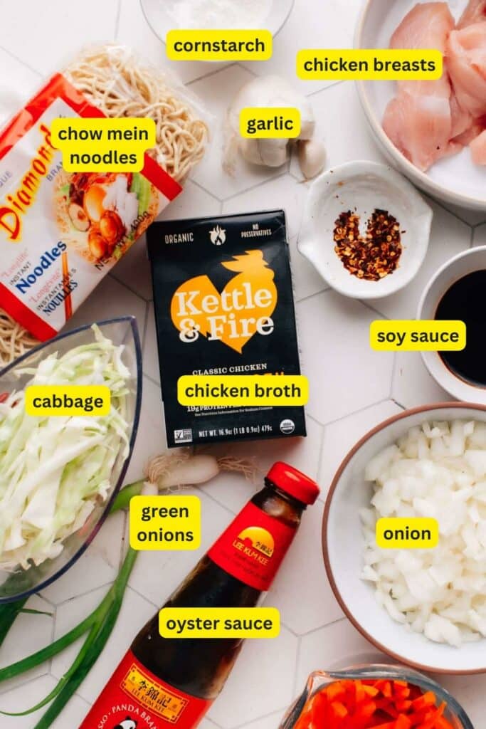 Ingredients for chow mein noodles laid out on a kitchen countertop, including chicken breasts, soy sauce, cornstarch, chow mein noodles, onion, cabbage, green onions, chicken broth, garlic, and oyster sauce.