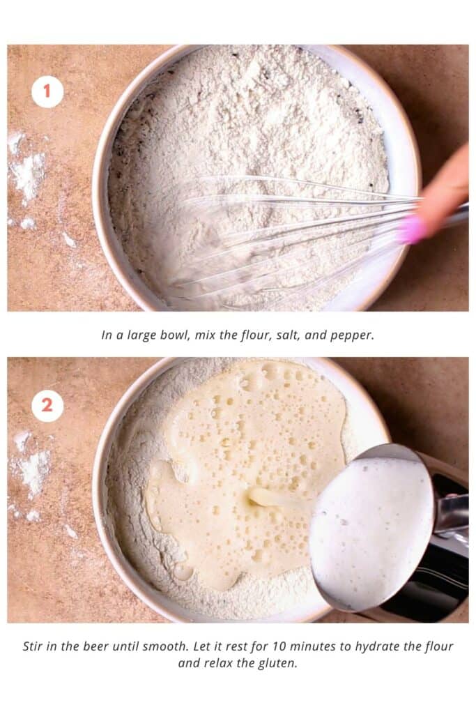In a large bowl, the flour, salt, and pepper are mixed. The beer is stirred in until smooth. It's left to rest for 10 minutes to hydrate the flour and relax the gluten.