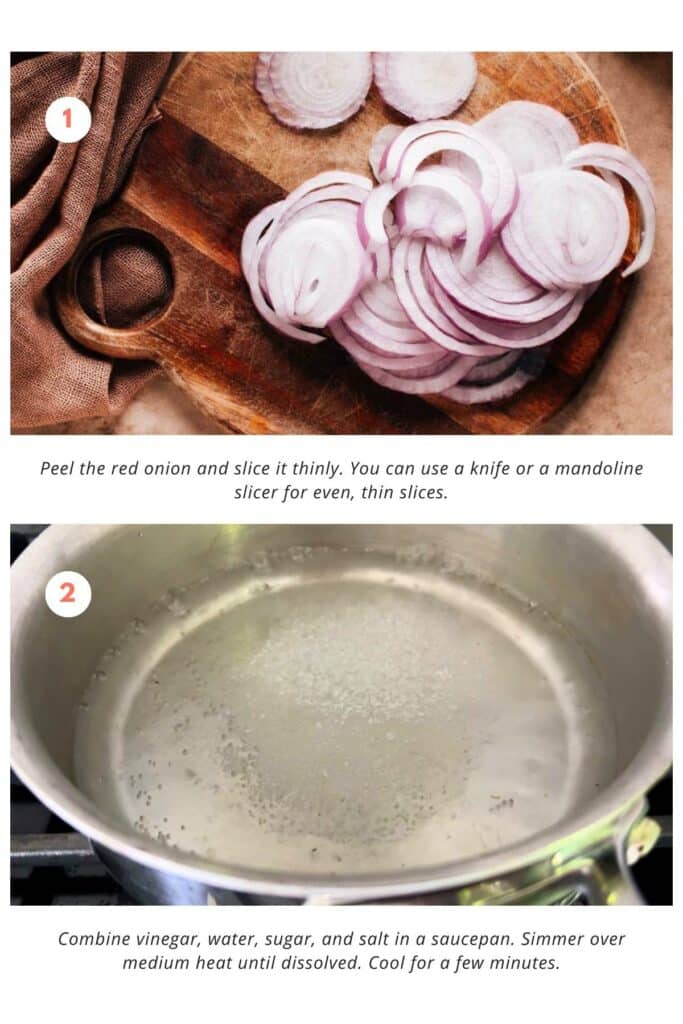 Red onions, sliced thinly. A saucepan with a mixture of vinegar, water, sugar, and salt, simmered until dissolved, then cooled for a few minutes.