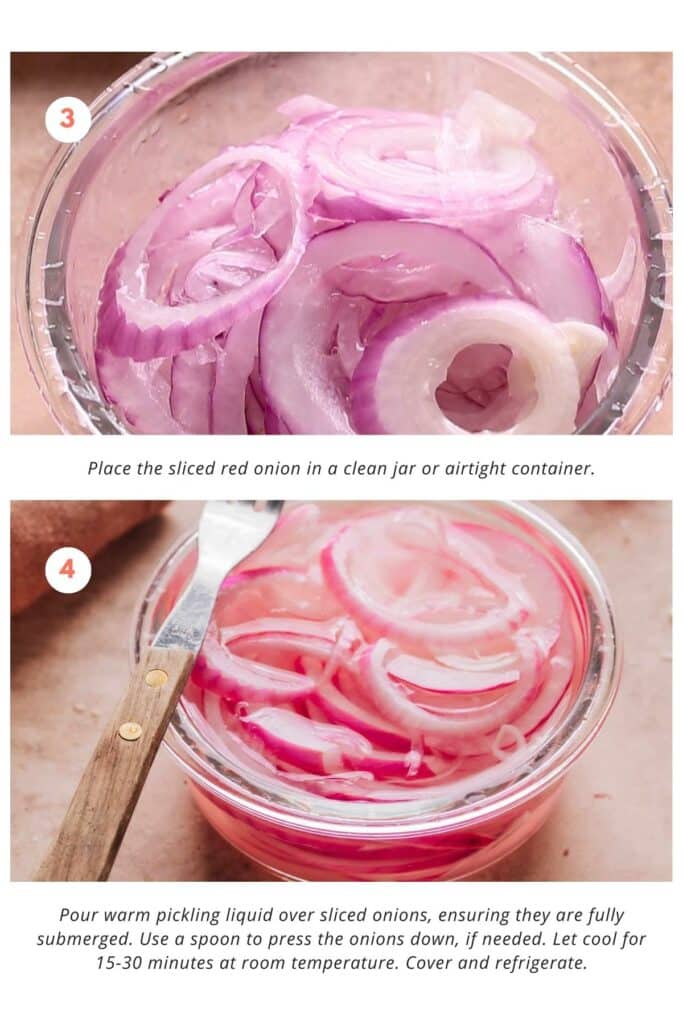 Thinly sliced red onions in a jar. Warm pickling liquid poured over the onions, ensuring they're fully submerged. Left to cool for 15-30 minutes at room temperature, then covered and refrigerated.