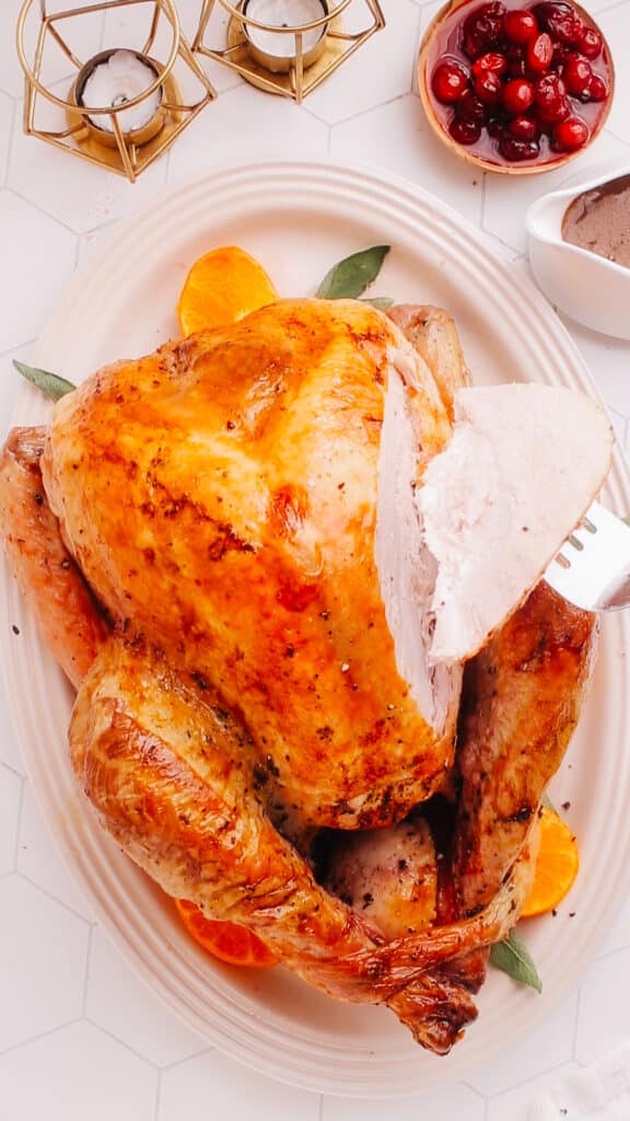 Slicing roasted turkey.