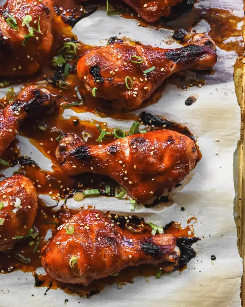 Spicy Gochujang Chicken Drumsticks on a sheet pan
