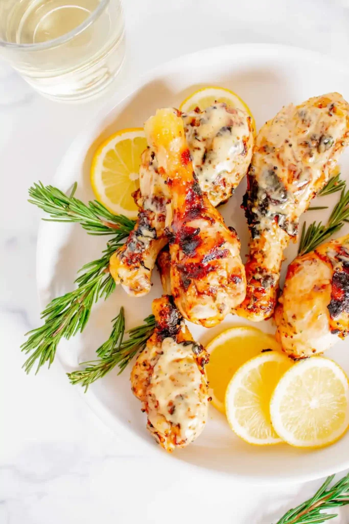 Grilled Honey Mustard Chicken Drumsticks on a white plate with sliced lemon and rosemary