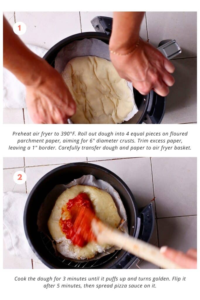 The dough is rolled into 4 equal pieces on floured parchment paper, with 6" diameter crusts aimed for. It's then transferred to the air fryer basket and cooked for 3 minutes, causing it to puff up and turn golden. After flipping it, pizza sauce is spread on the dough.