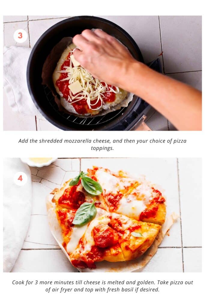 The shredded mozzarella cheese and pizza toppings are added, then the pizza is cooked for an additional 3 minutes until the cheese is melted and golden. Finally, it's taken out of the air fryer and topped with fresh basil if desired.