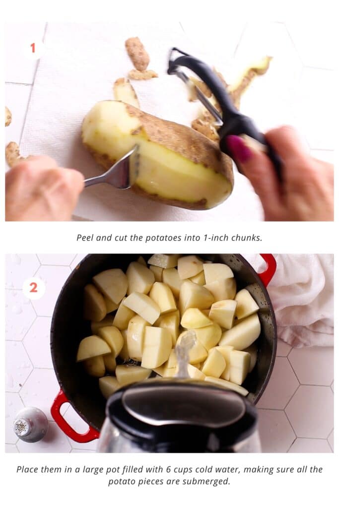 The potatoes are peeled and cut into 1-inch chunks. They are placed in a large pot filled with 6 cups of cold water, ensuring all potato pieces are submerged.