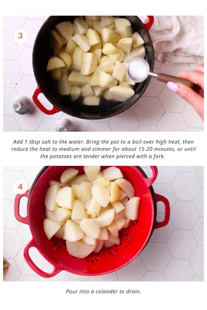 The water is brought to a boil with 1 tbsp of salt added. Afterward, the heat is reduced to medium, and the potatoes are simmered for about 15-20 minutes until they are tender when pierced with a fork. Finally, they are poured into a colander to drain.