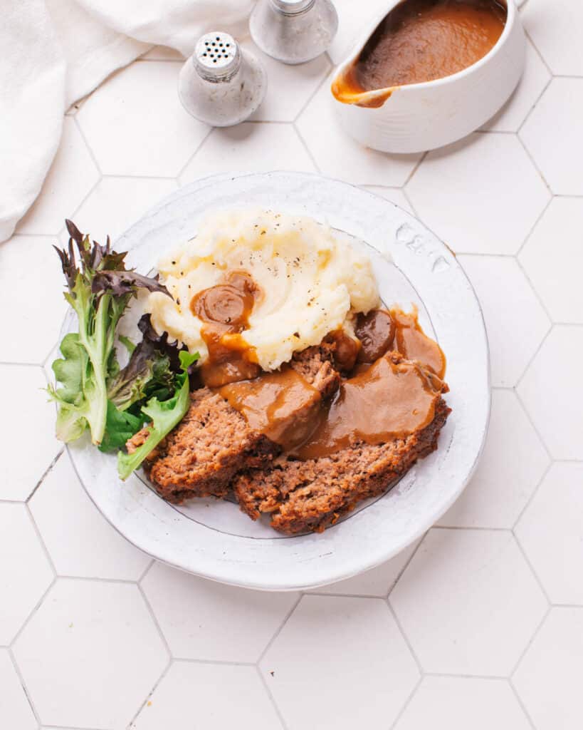 Meatloaf with brown gravy.