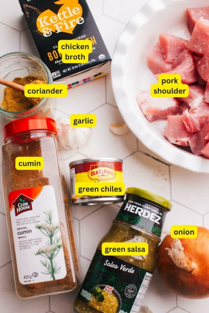 Ingredients for Green Chili (Chile Verde) on a tiled countertop include chicken broth, pork shoulder, garlic, cumin, green chiles, salsa, coriander, and an onion.