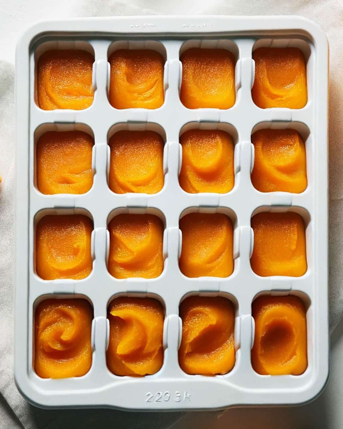Pumpkin puree being frozen in ice cube trays.