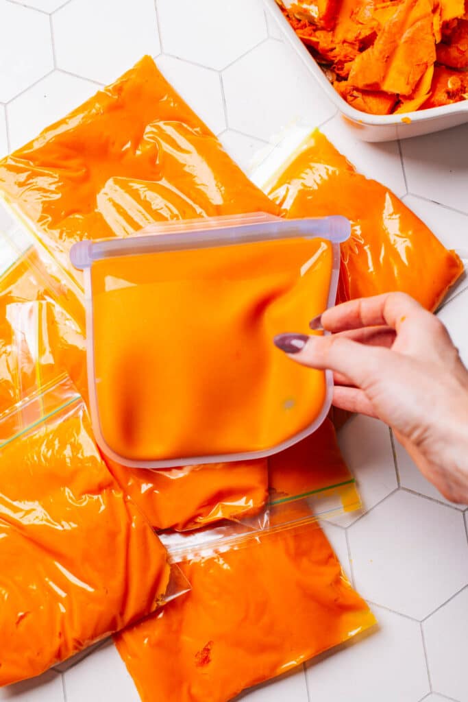 Pumpkin puree in freezer bags.