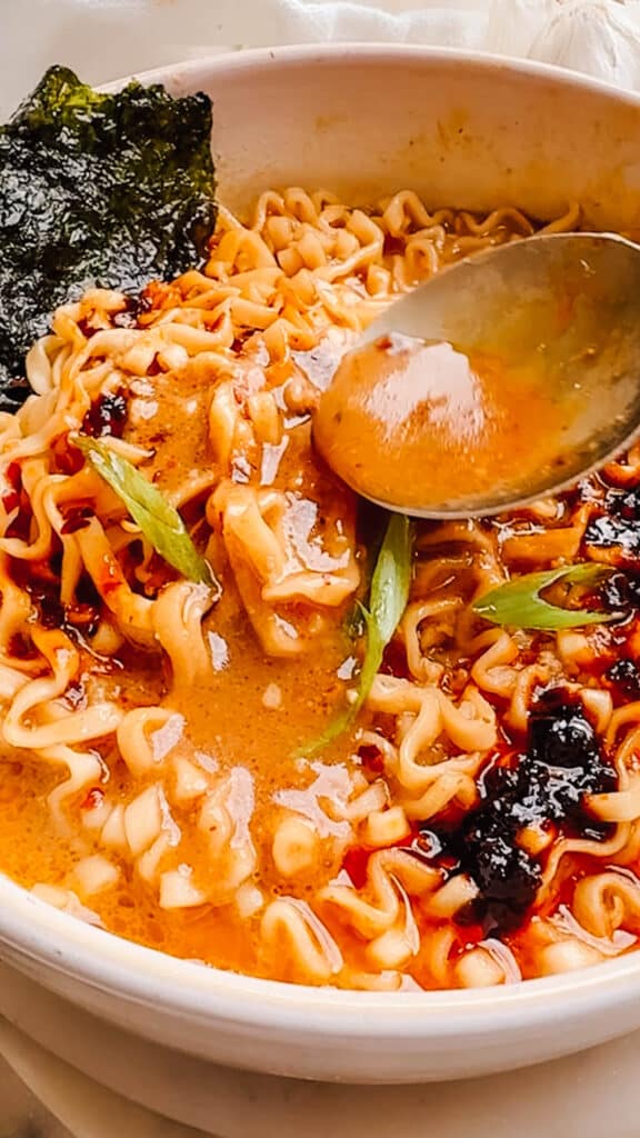A spoonful of spicy ramen.