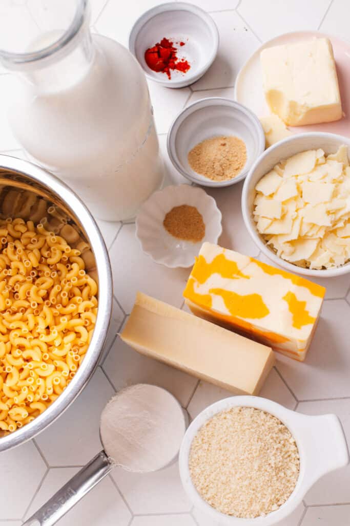 Cheese and other ingredients for Baked Macaroni and Cheese