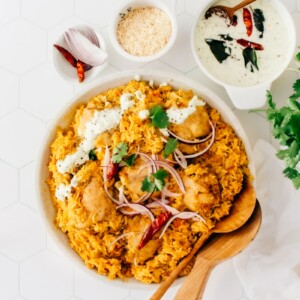 Basmati rice recipe cooked on a plate with chicken.