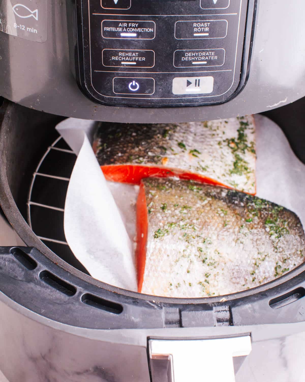 Putting salmon fillet in air fryer.