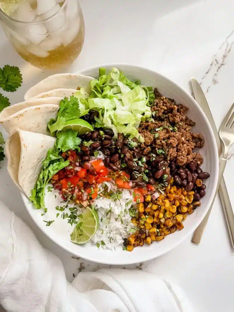 Burrito bowl with leftover taco meat and fresh veggies