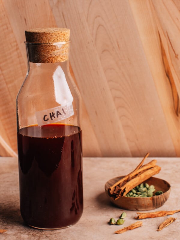 Chai concentrate in glass bottle